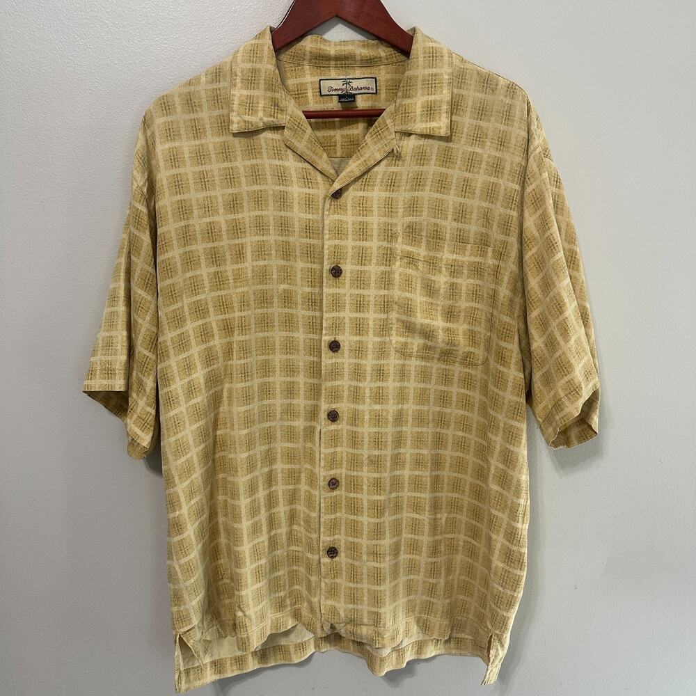 Tommy Bahama Mens Large Button Down Shirt Silk Yellow Short Sleeve Plaid Collar